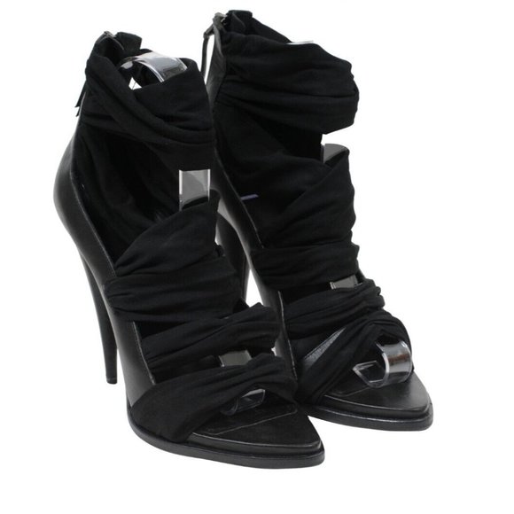 Givenchy Womens Jersey Wrap Sandals US8.5 38.5 Black Leather 120MM Back Zip Heel - Picture 1 of 10